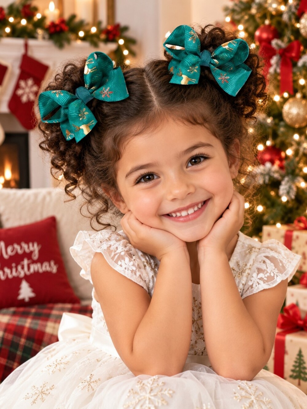 Girls Christmas Hair Bows Set of 2 Green Gold Reindeer 3
